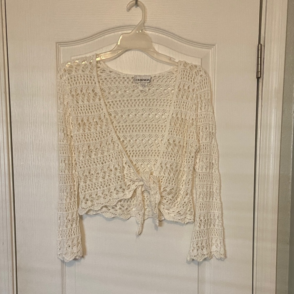 Cream Crochet Tie-Front Cardigan Sweater
